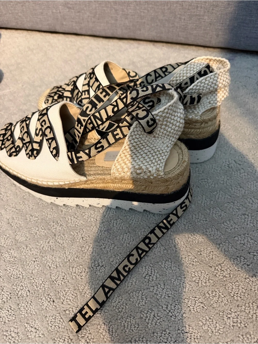 Stella McCartney Cream Platform Espadrille Sandals with Logo Ribbon